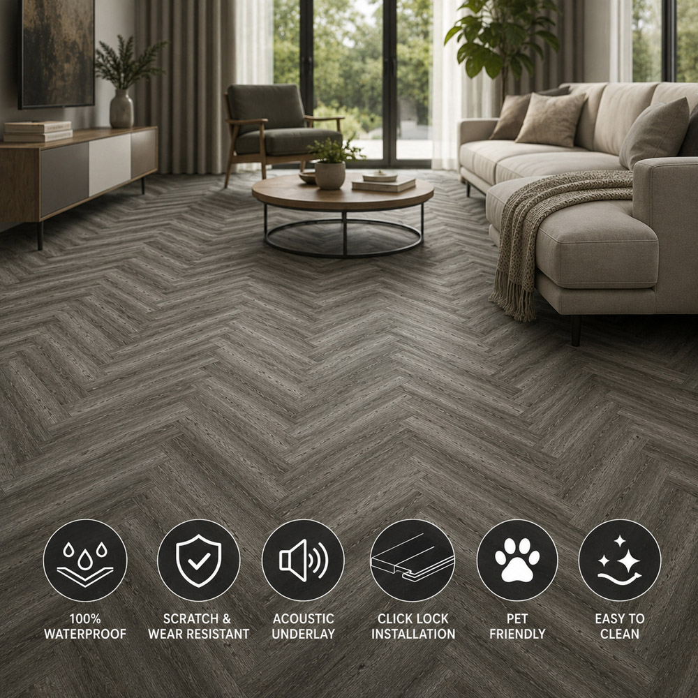 Britwall Midnight Grey Herringbone Wood-Embossed SPC Vinyl Flooring 625 x 125mm 20 Pack Image 5