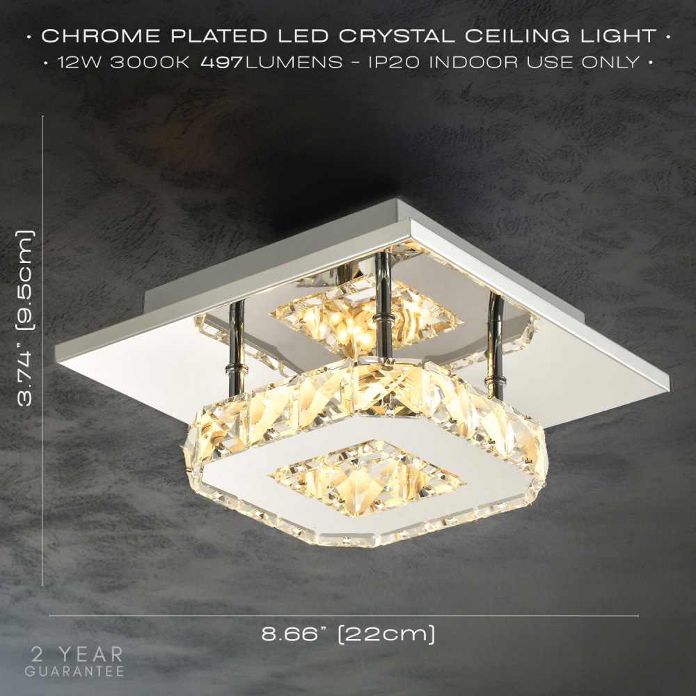 Happy Homewares Chrome Square Metal LED Ceiling Light with Crystal Glass Bead Image 7