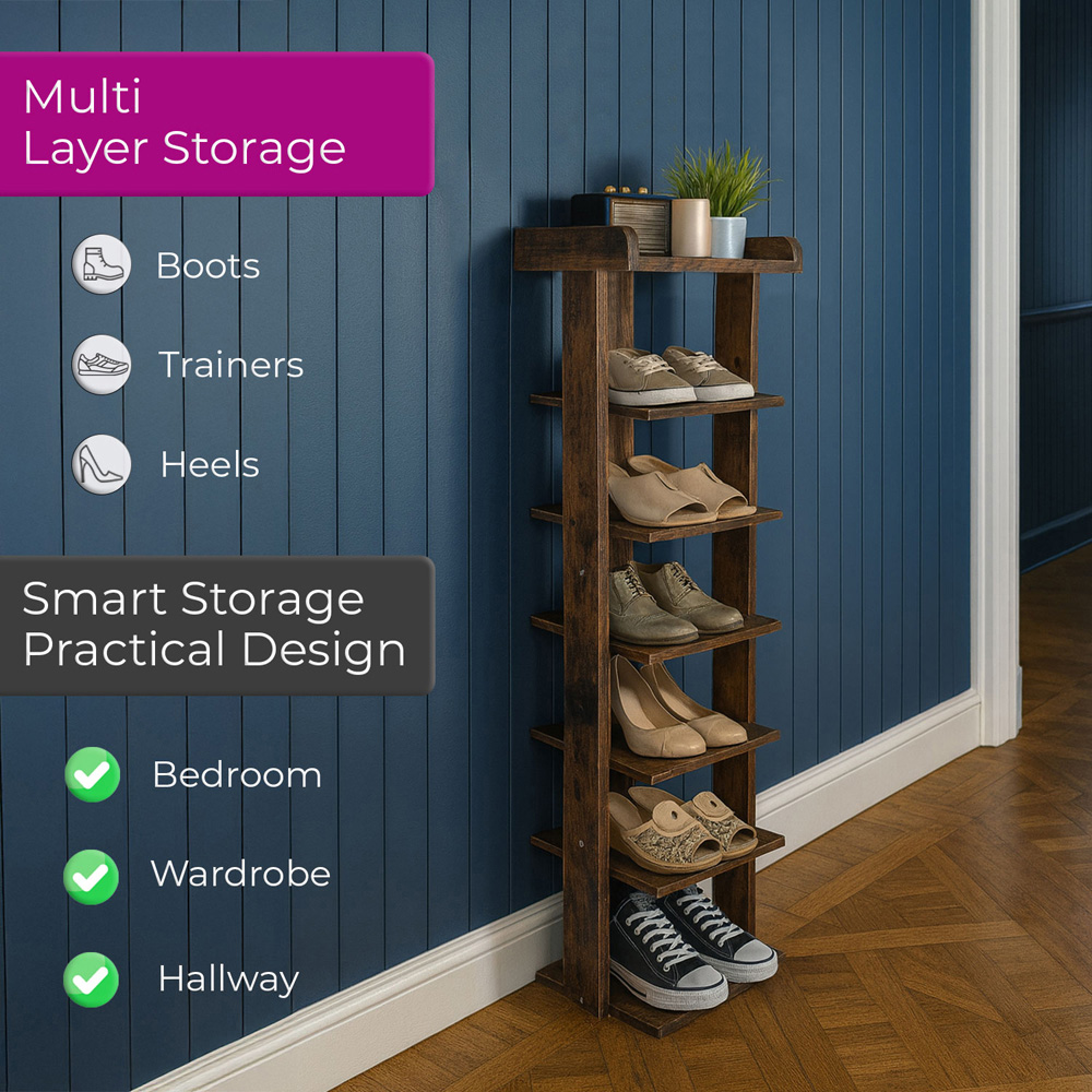 Neo 7 Shelf Walnut Wooden Slim Shoe Rack Image 4