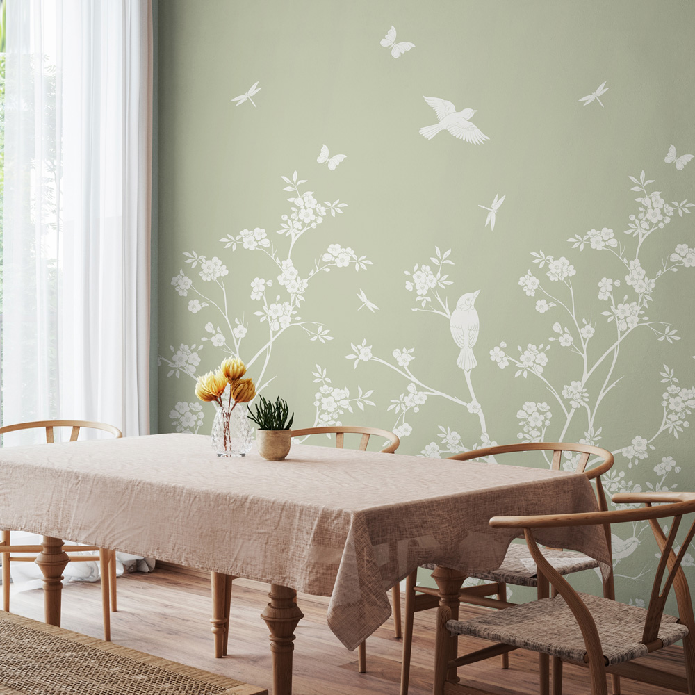 Origin Murals Repeatable Blossom Trail Soft Green 3 Drop Wall Mural Image 3
