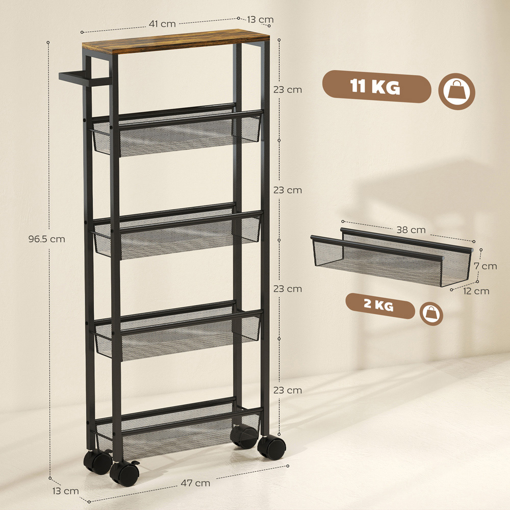 Portland 5-Tier Black Slim Kitchen Storage Trolley Cart with Handle Image 3