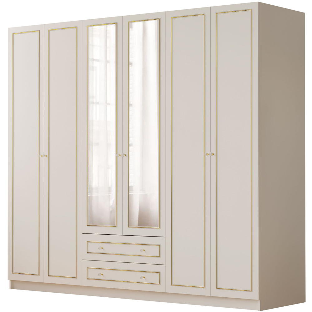 Evu MARIE 6 Door 2 Drawer Gold and White Mirror Wardrobe Image 2