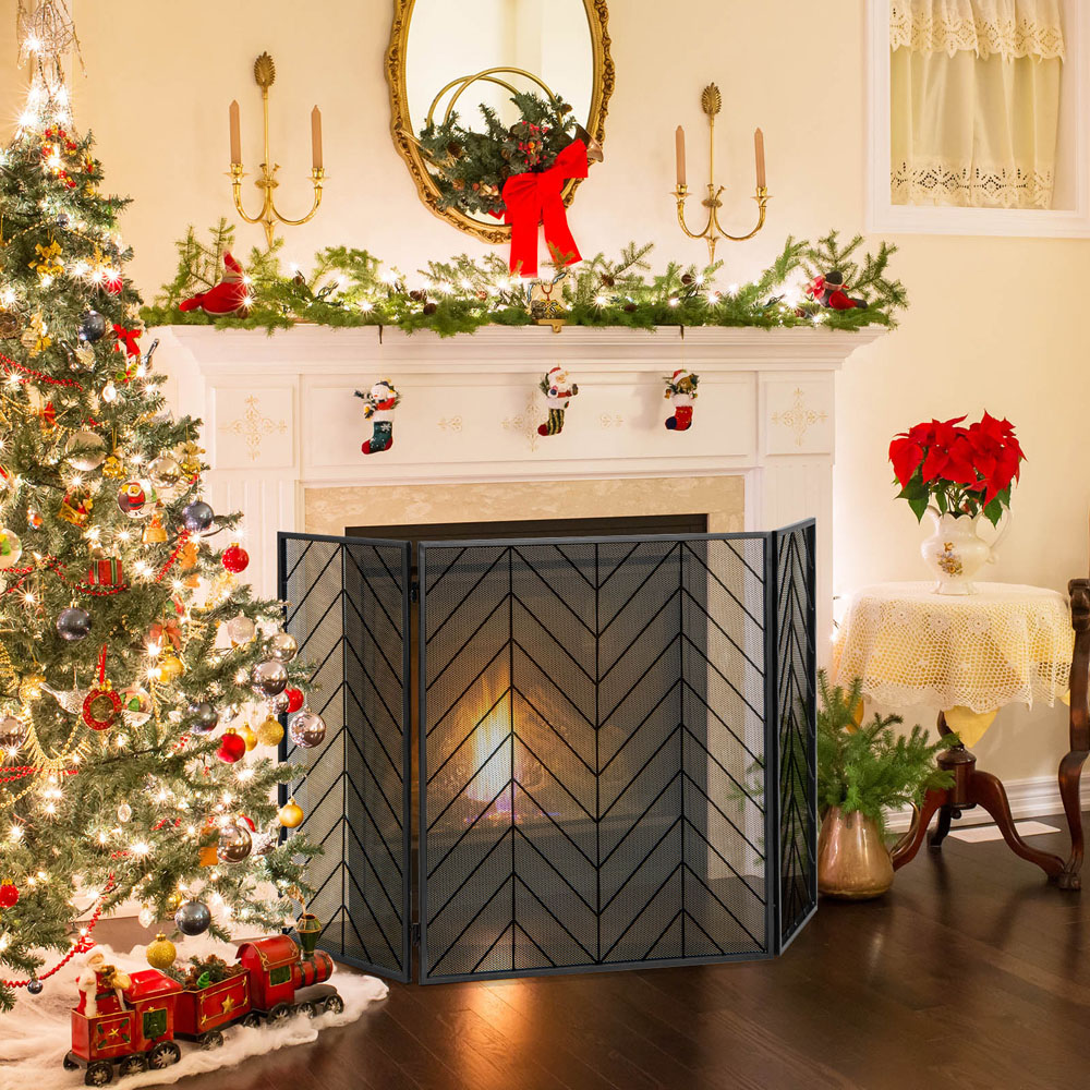Costway Black Foldable Wrought Metal Iron Mesh Fire Spark Guard with Hinges Image 2