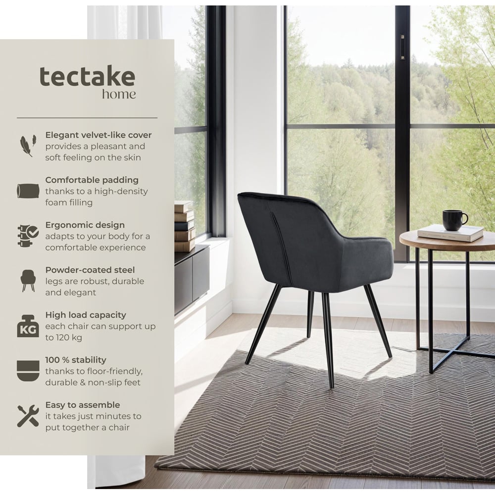 tectake Marilyn Set of 4 Black Velvet Look Padded Dining Chairs Image 6