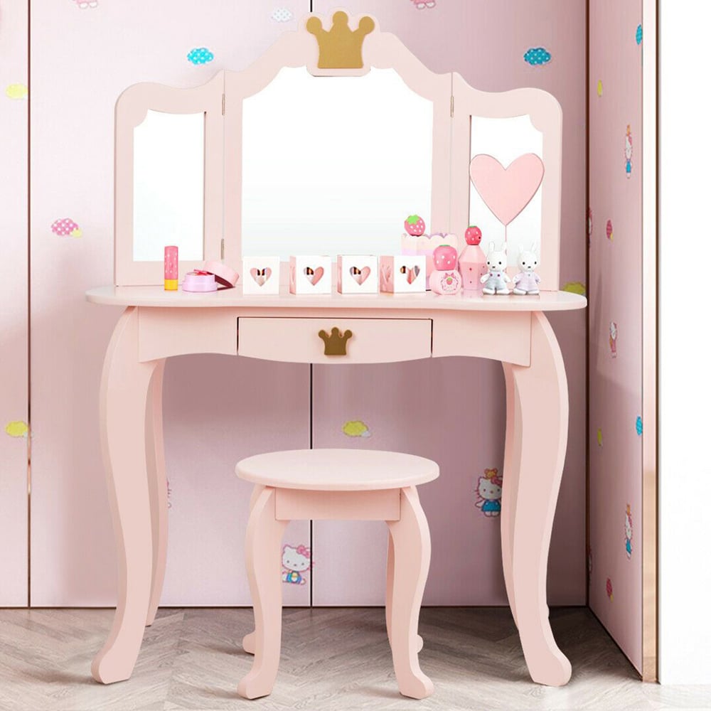 Costway Kids Dressing Table with Stool Image 1