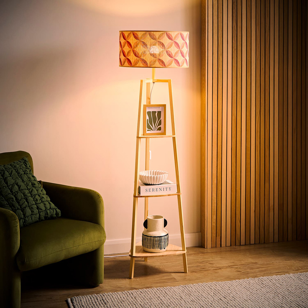 ValueLights Hiru 3 Shelf Geo Print Bamboo Drum Shade Natural Wooden Floor Lamp with Bulb Image 2