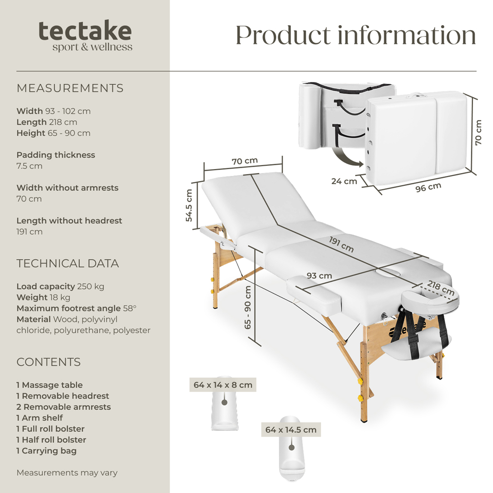 tectake White 3 Zone Somwang Massage Table with Headrest Armrests Footrest and Bolster Set Image 9