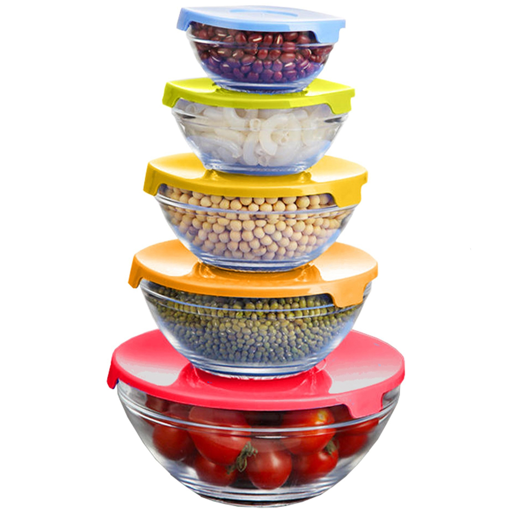 ATEK 5 Piece Stackable Glass Food Storage Bowl Set with Colour Lids Image 1