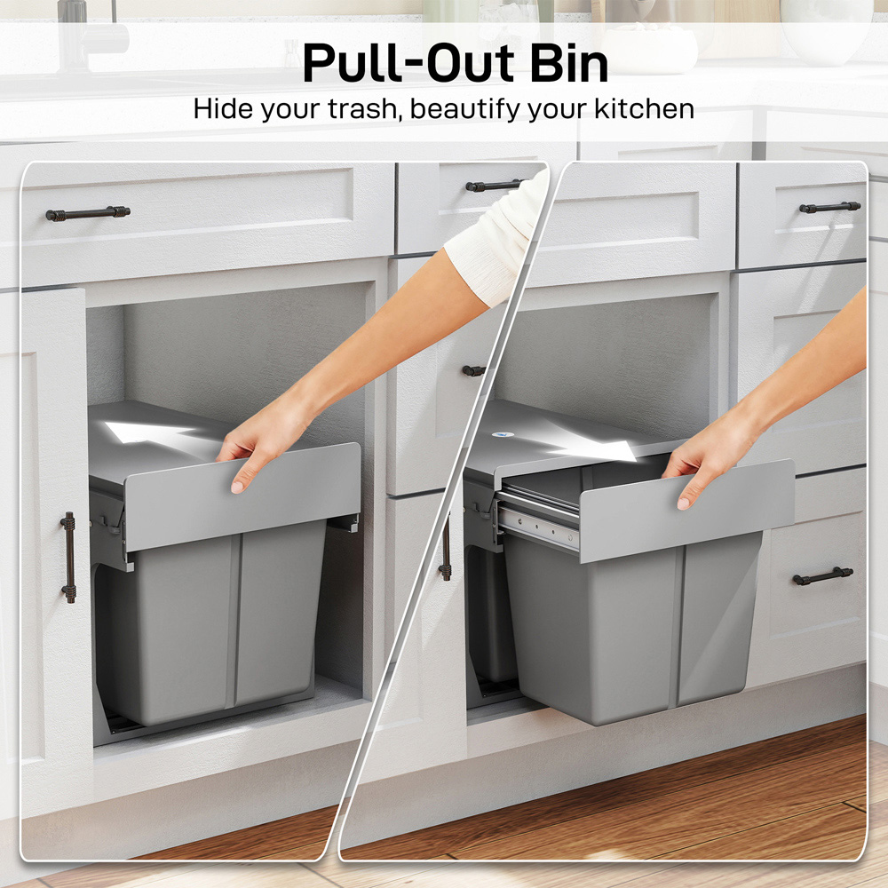 HOMCOM Light Grey Soft-Close Pull Out Double Under Sink Bin 30L Image 4