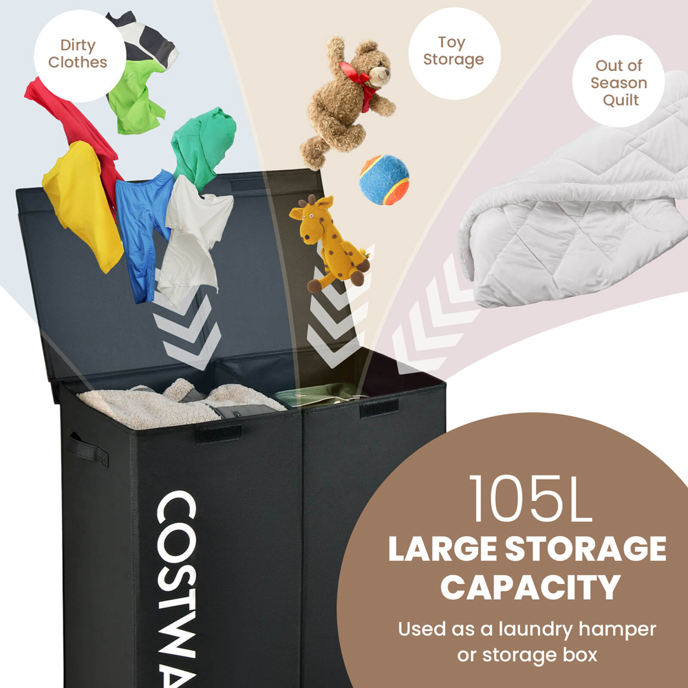 Costway 2 Section Black Laundry Hamper 105L Image 5
