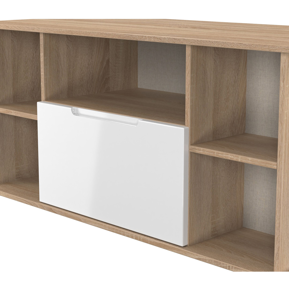 Crowndale Milan Single Drawer 5 Shelf White Gloss and Bardolino Oak Corner TV Unit Ready Assembled Image 5