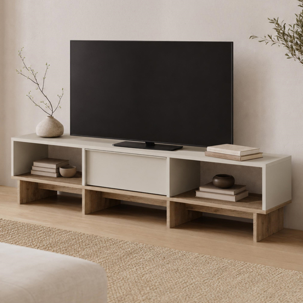 Decortie Yuki Single Flip Down Door 2 Open Shelf Sandstone TV Unit Image 1