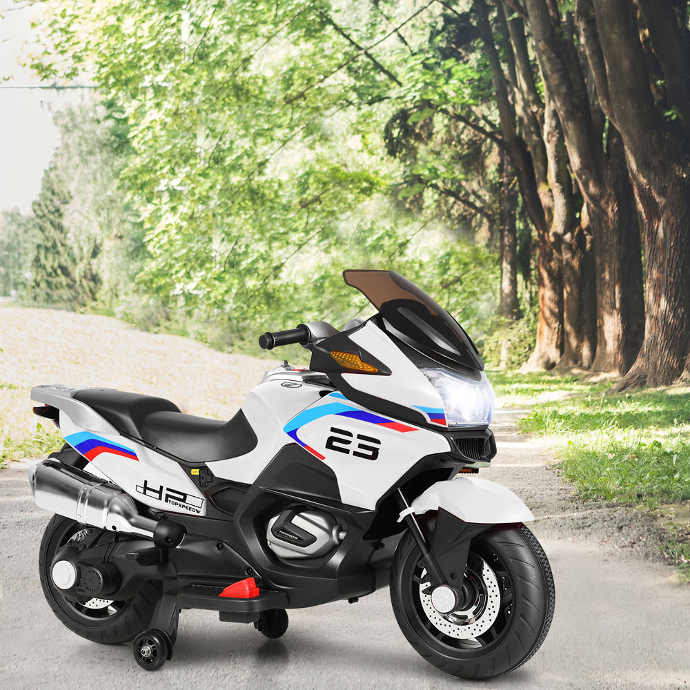 Costway White Electric Battery Powered Ride On Motorcycle with Training Wheels Image 2