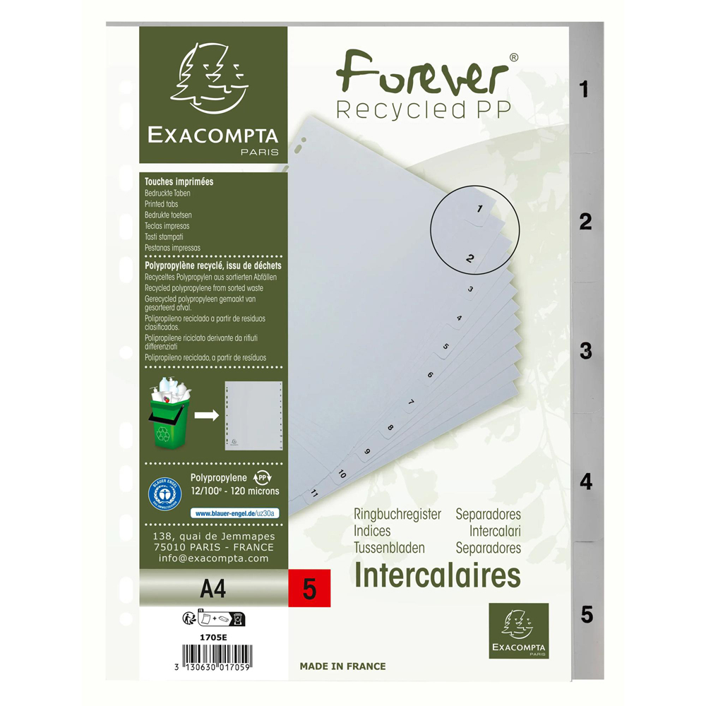 Exacompta A4 Grey Recycled Polypropylene 1-5 Divider 20 Pack Image 4