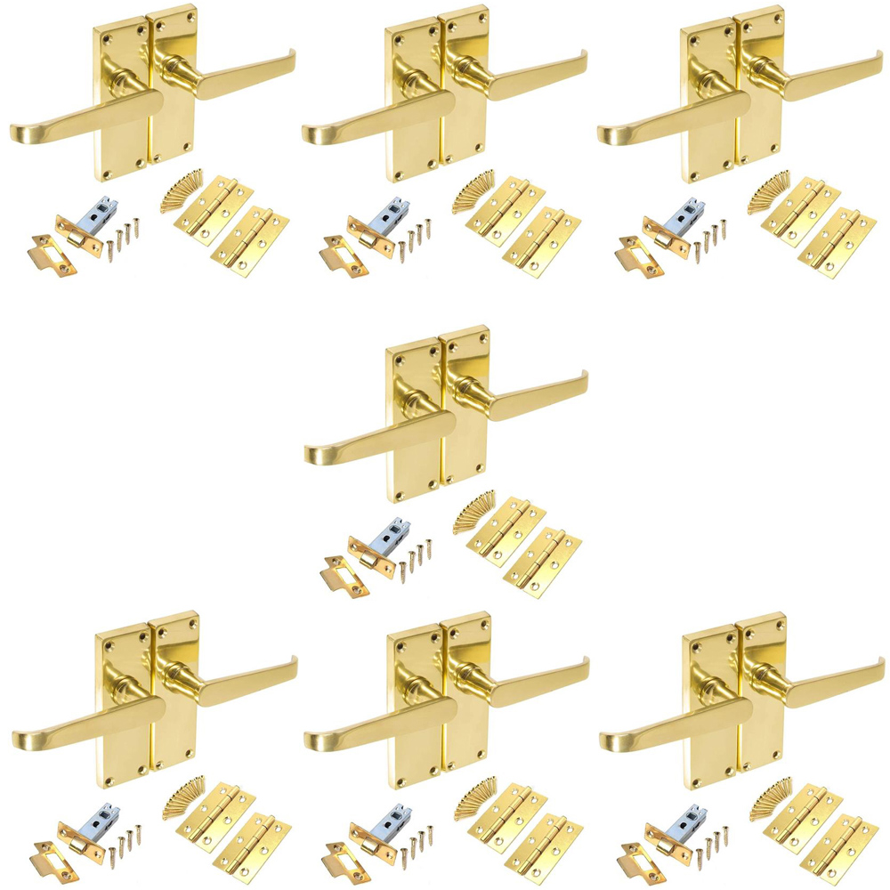 Golden Grace Victorian Straight Polished Brass Lever Latch Door Handles Set 7 Pack Image 1