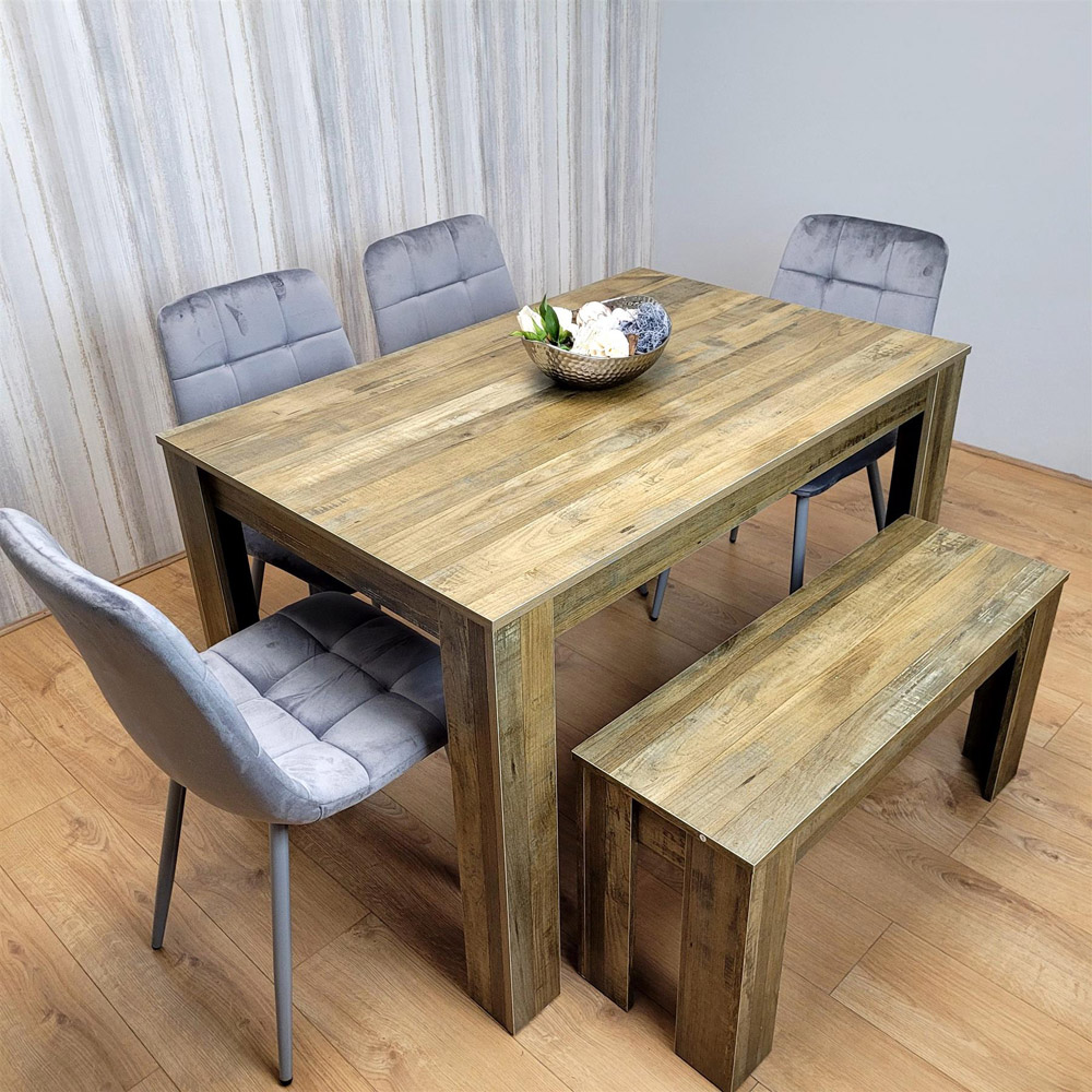 Portland 6 Seater Velvet Dining Bench Set Rustic Effect and Grey Image 7
