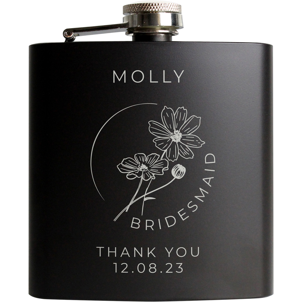 Personalised Memento Personalised Monochrome Black Floral Wedding Party Hip Flask Image 1