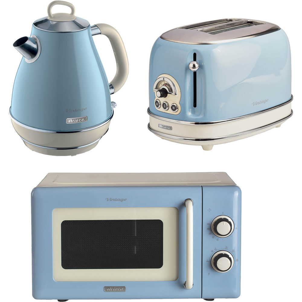 Ariete Vintage ARPK60 Blue 20L Microwave with 2 Slice Toaster and 1.7L Jug Kettle Set Image 1
