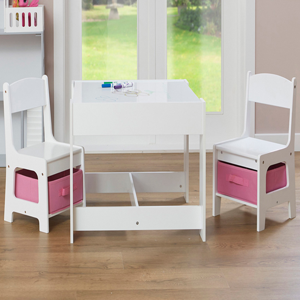 Liberty House Toys Kids White and Pink Table and 2 Chairs Set with Storage Bins Image 1
