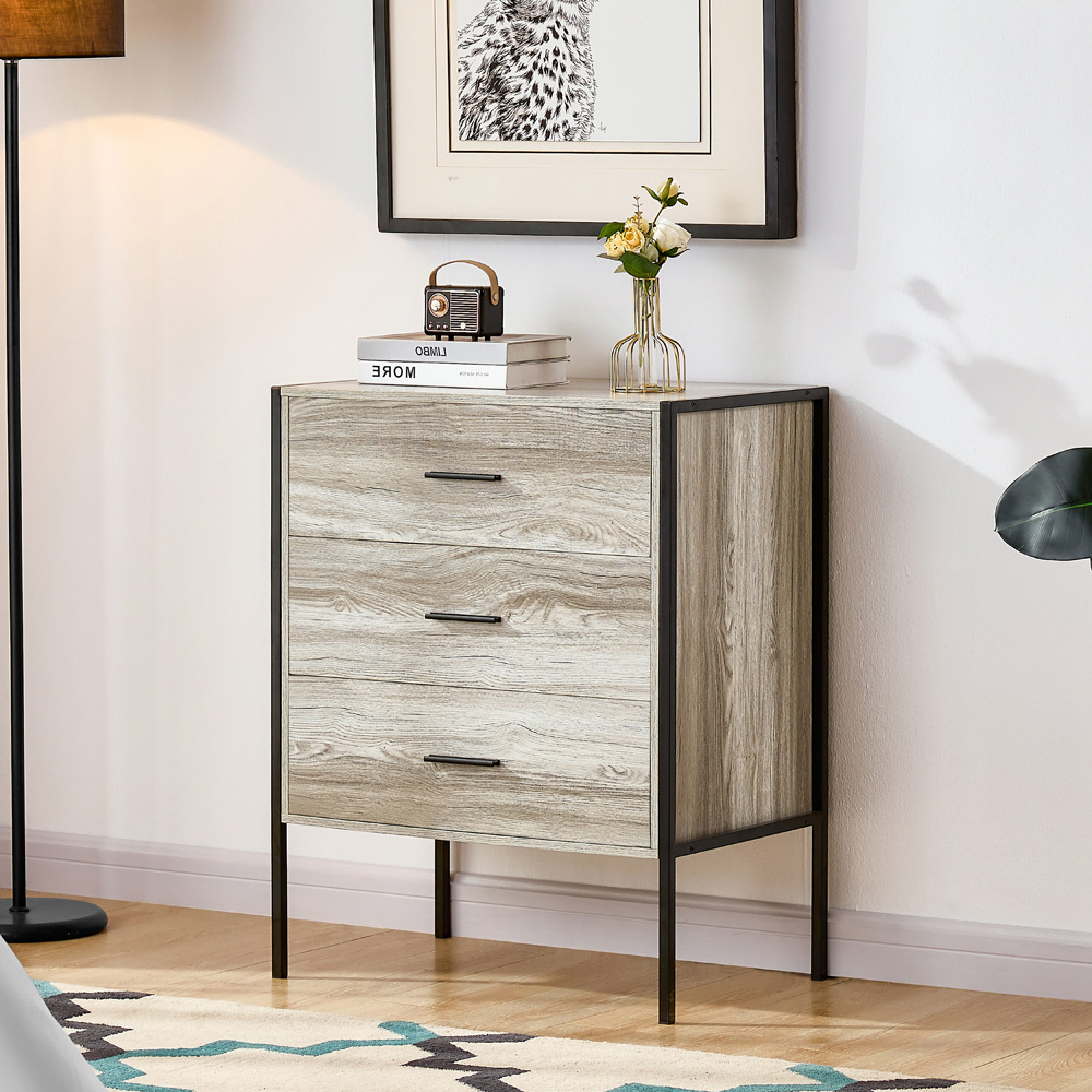 Vida Designs Brooklyn 3 Drawer Grey Rustic Metal Frame Chest of Drawers Image 4