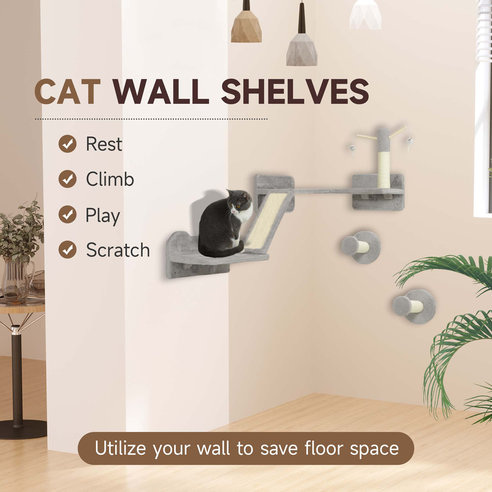 PawHut Light Grey Cat Wall Shelves Image 7