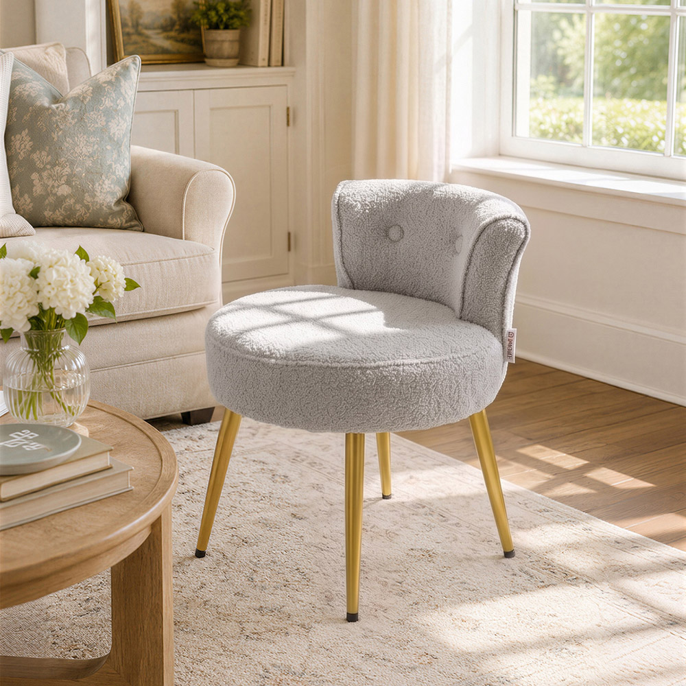 Living and Home Grey Teddy Fleece Button Tufted Vanity Stool Image 8