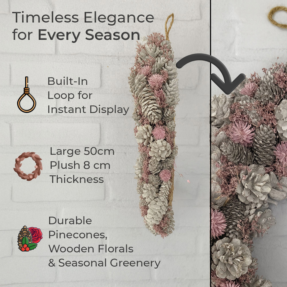 Neo Luxury XL Frosted Pink Flowers Christmas Door Wreath 50cm Image 8