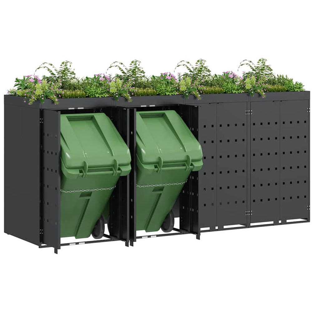 vidaXL Anthracite 4 Wheelie Bin Storage Shed with Planter Roof Image 3