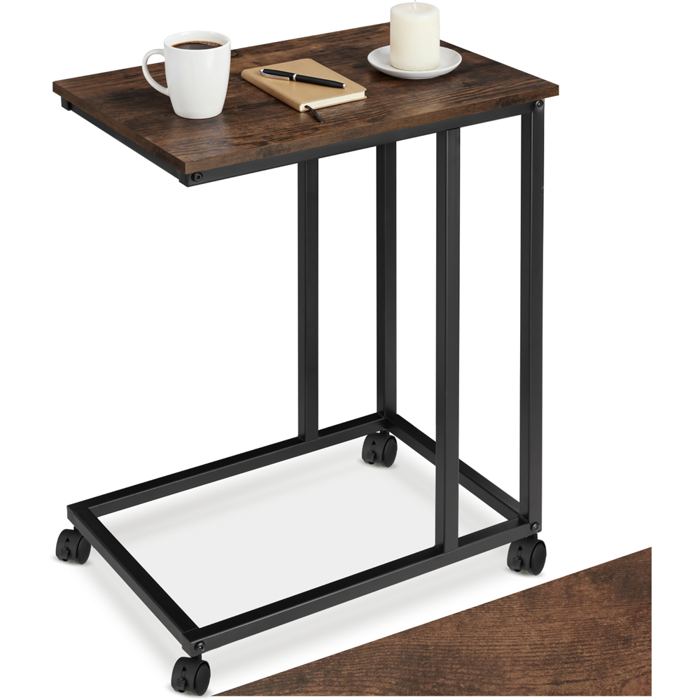 Tectake Luton C-Shape Rustic Dark Wood Bedside Table with Swivel Castors Image 2