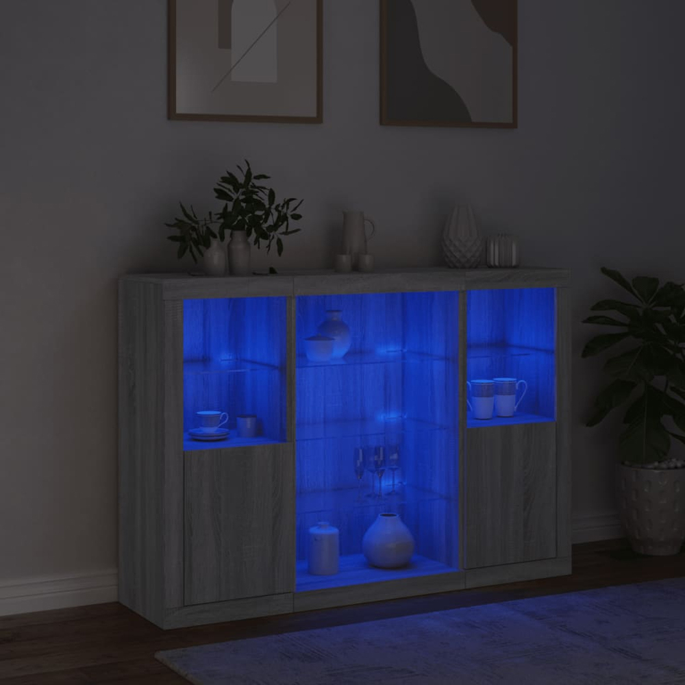 vidaXL 2 Door 12 Shelf Grey Sonoma Wooden Sideboard with LED Lights 3 Piece Image 8