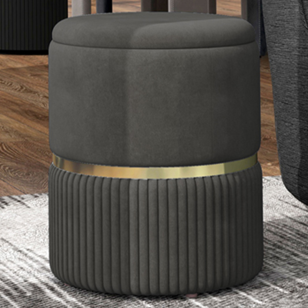 Portland Grey Velvet feel Pouffe Round Ottoman Stool with Storage Image 1