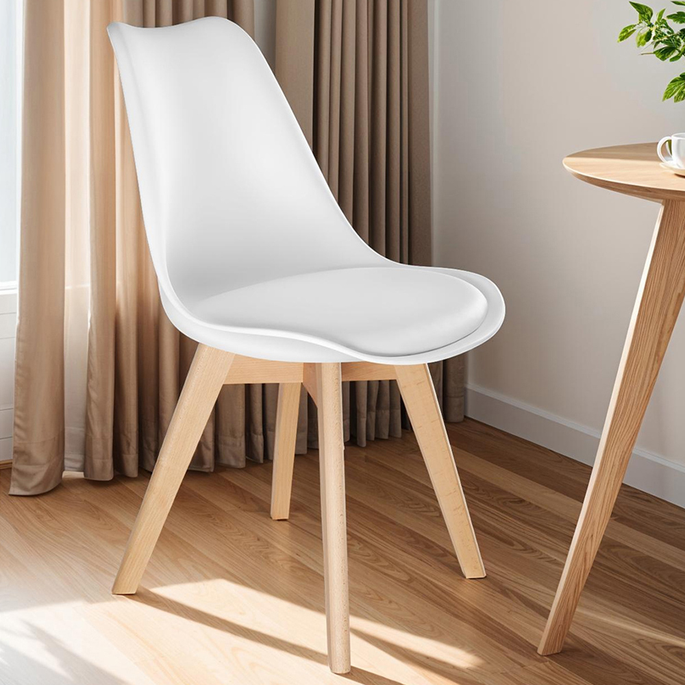 tectake Frederikke Set of 2 White Ergonomic Dining Chair with Padded Seat and Wooden Legs Image 1