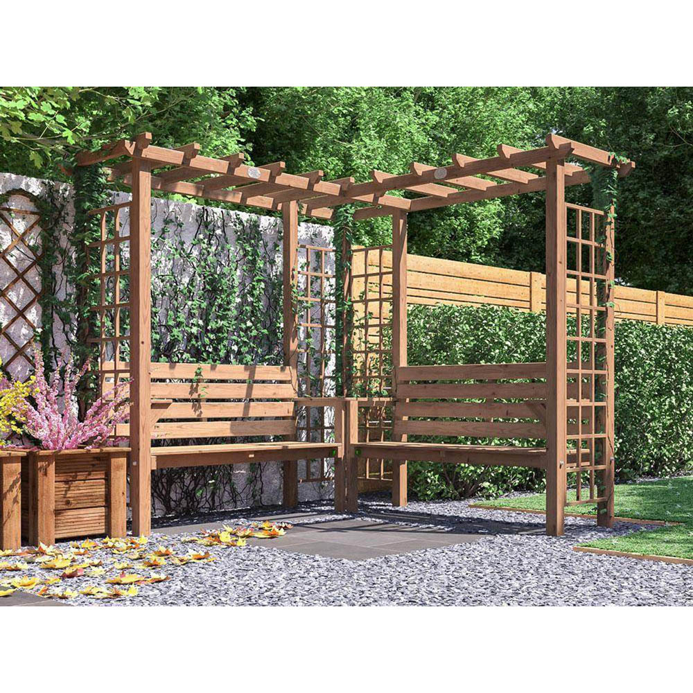 Dunster House Gerlinde 4 Seater Brown Roof Corner Pergola Arch Bench with Pergola Trellis and Mini Table 8 x 8ft Image 3