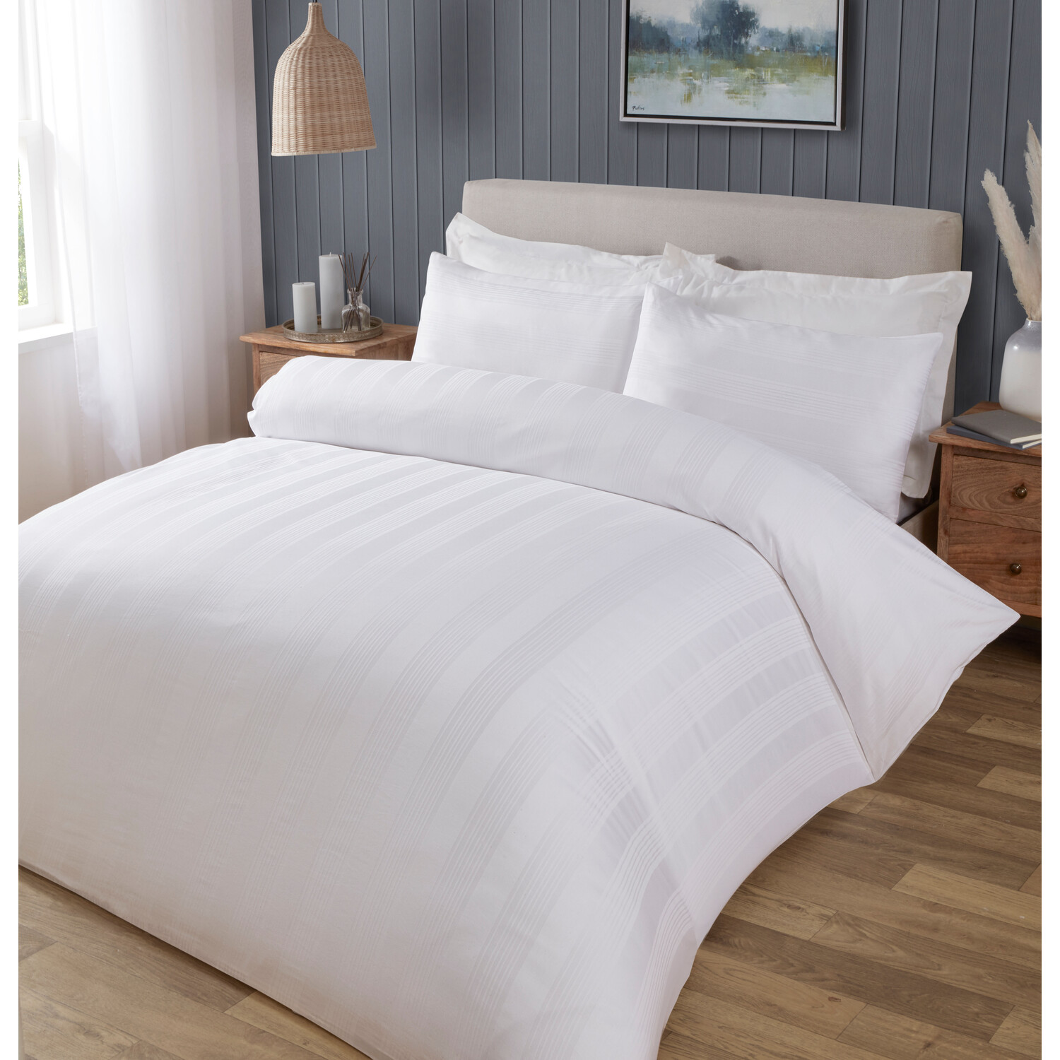 Divante Islington Stripe Sateen Duvet Cover and Pillowcase Set - White / King Image 2