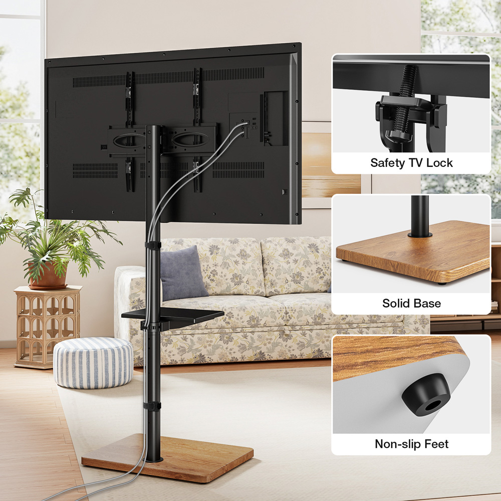 TTAP Black and Rectangular Oak Effect Base Single Shelf Floor Pedestal TV Stand Image 6