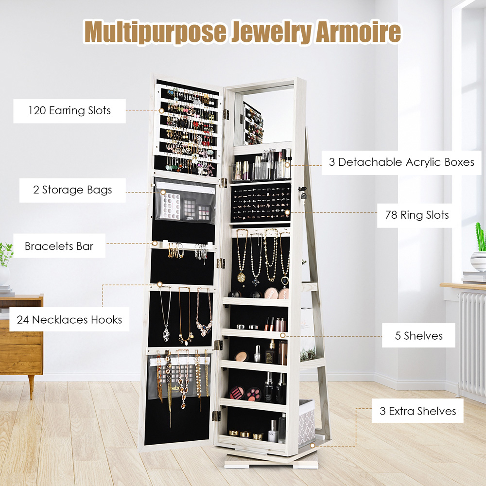 Costway White Rotatable Full Length Mirrored Jewellery Cabinet with 3 Shelf Image 8