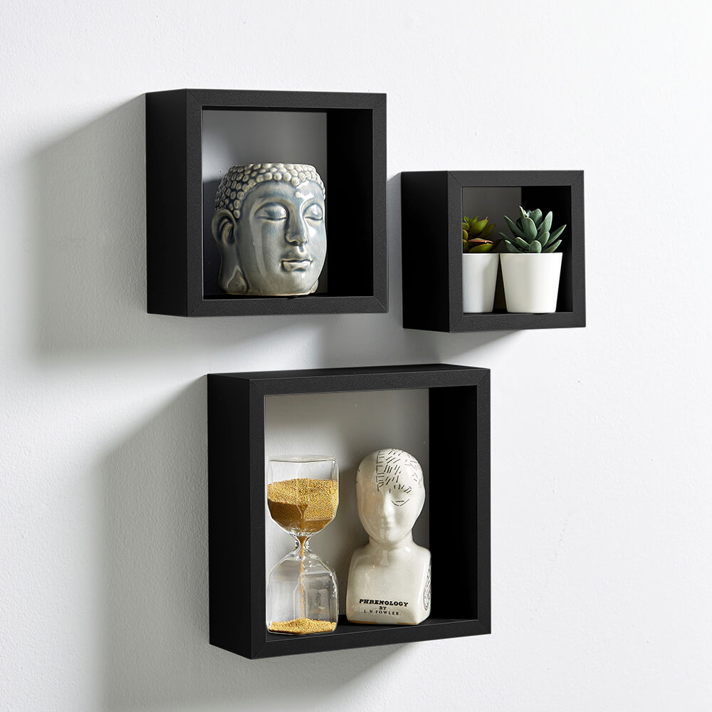 Home Source Berkley Set of 3 Black Cube Floating Shelf Image 2