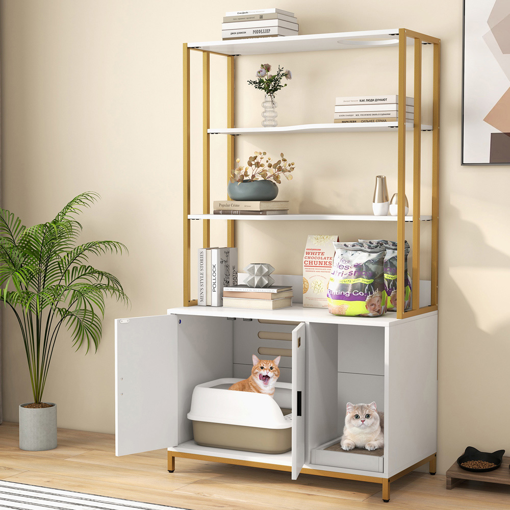 Costway White Cat Litter Box with Shelves Image 2