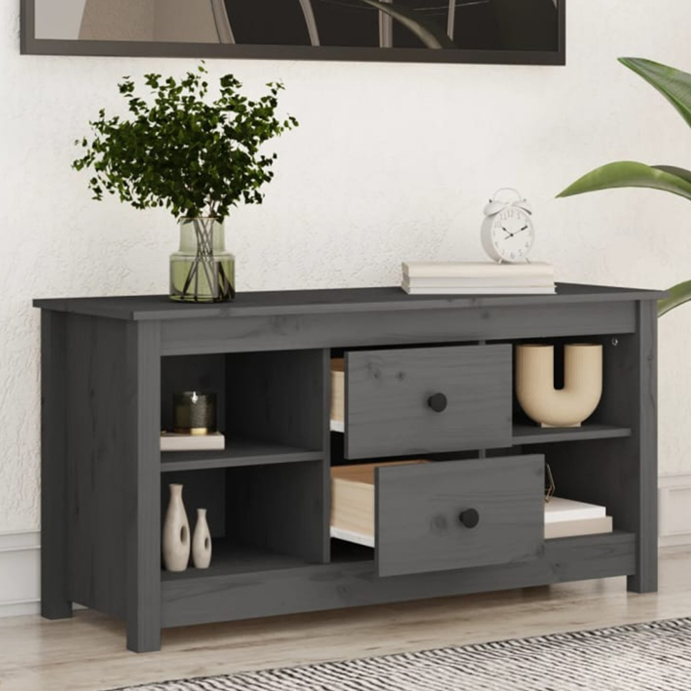 vidaXL 2 Drawer 2 Shelf Grey Solid Pine TV Cabinet Image 1
