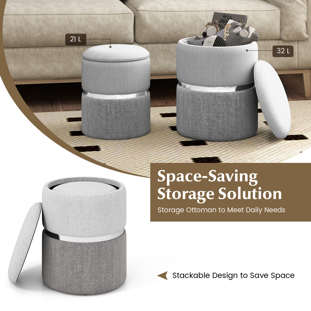 Costway Grey Round Linen Storage Ottoman Set of 2 Image 5