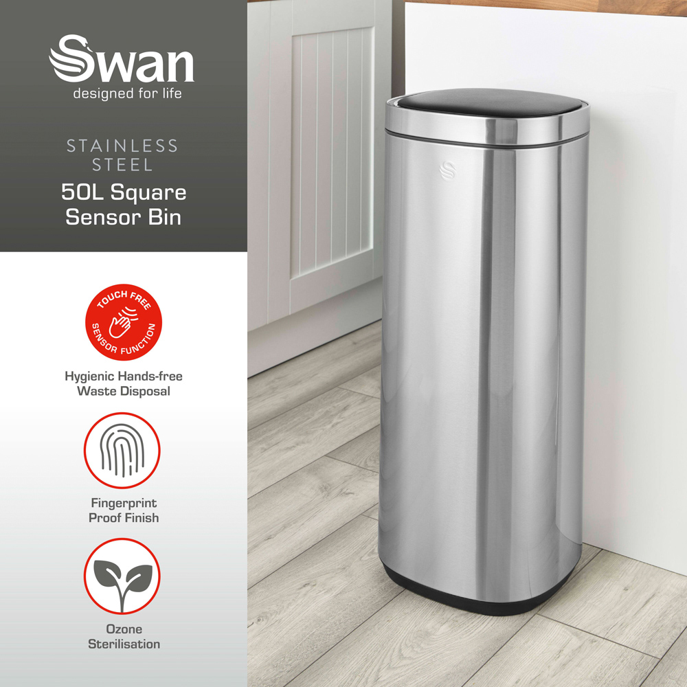 Swan Silver Stainless Steel Square Sensor Bin 50L Image 3