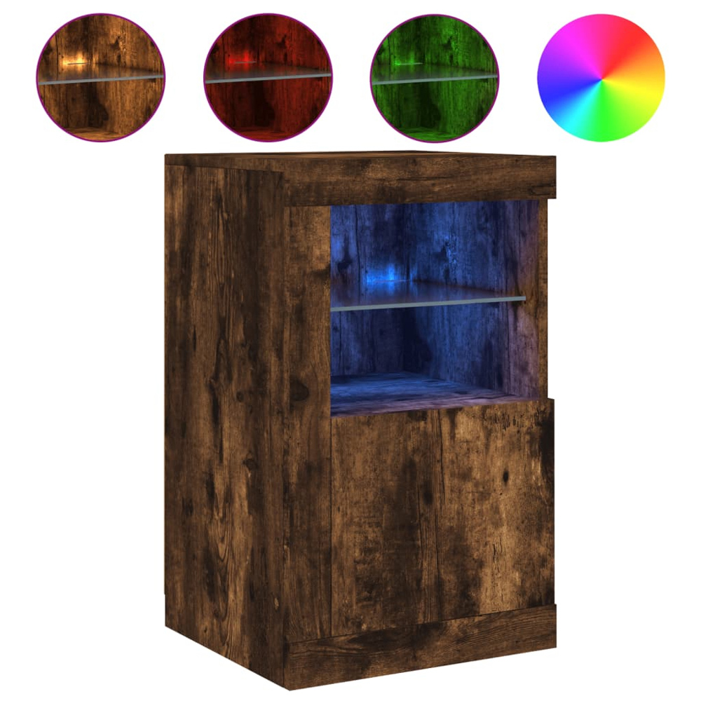 vidaXL 2 Shelf Single Door Smoked Oak Side Cabinet with LED Lights Set of 2 Image 9