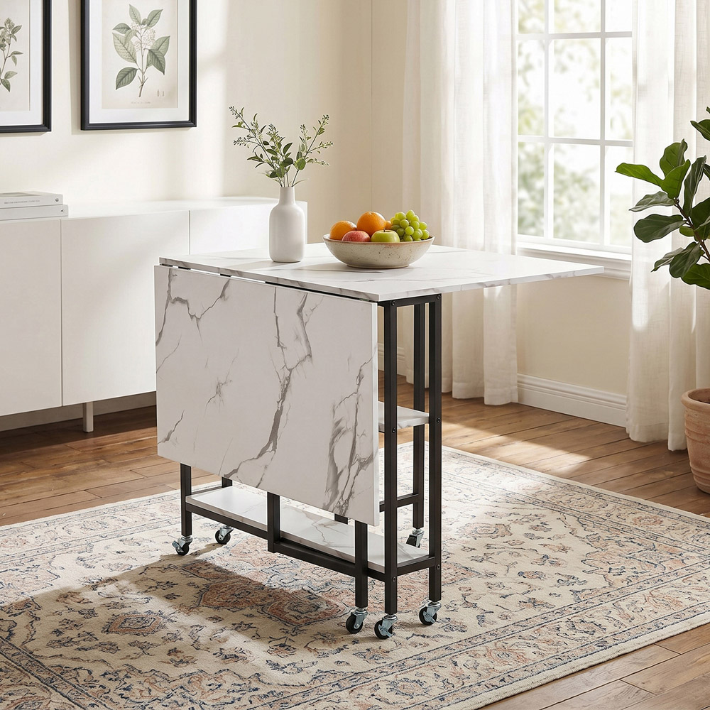 Living and Home 6 Seater Black and White Marble Effect Folding Dining Table with Shelf Image 7