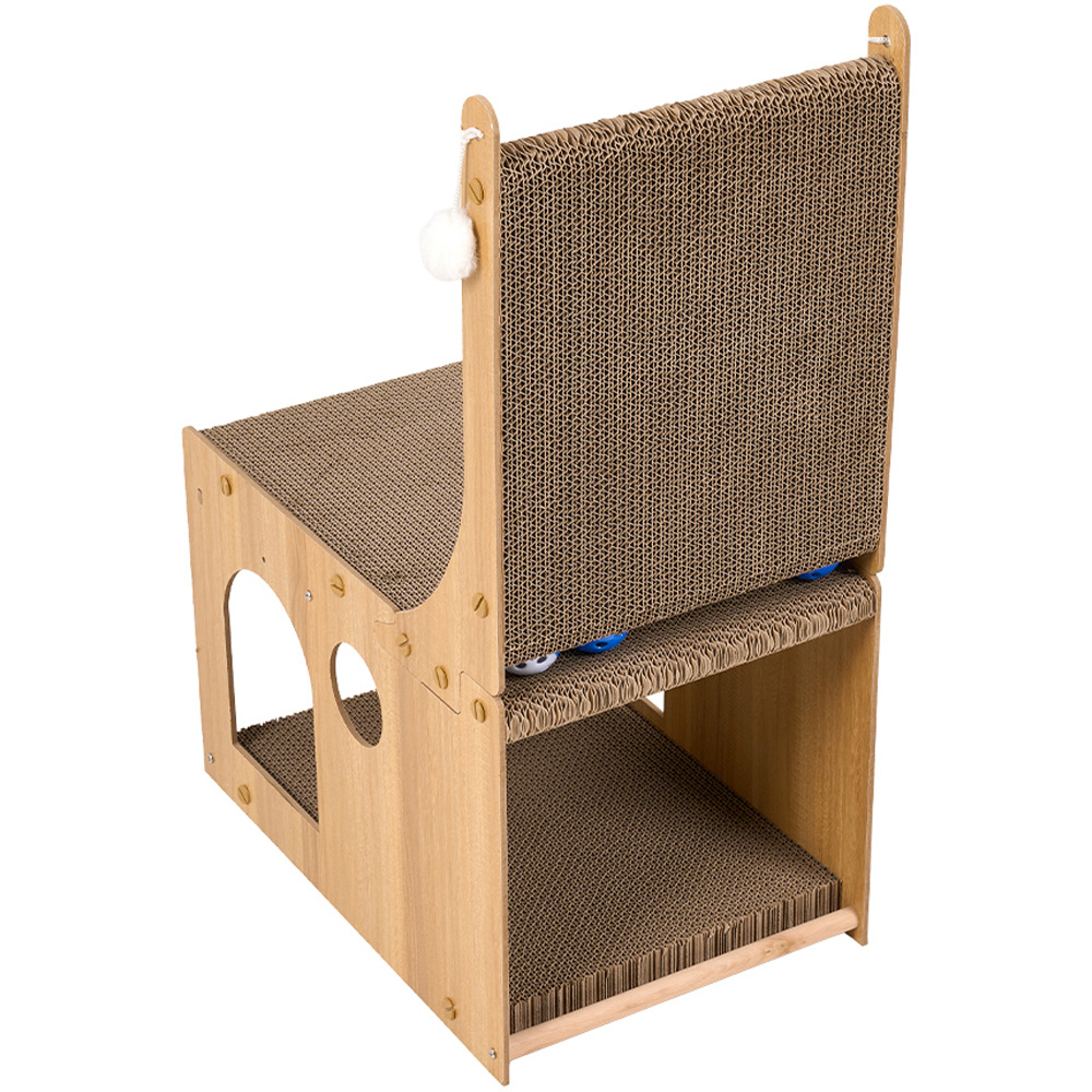 H&O Direct L Shape Wooden Cat Scratcher Lounger Bed with Track Balls Image 3