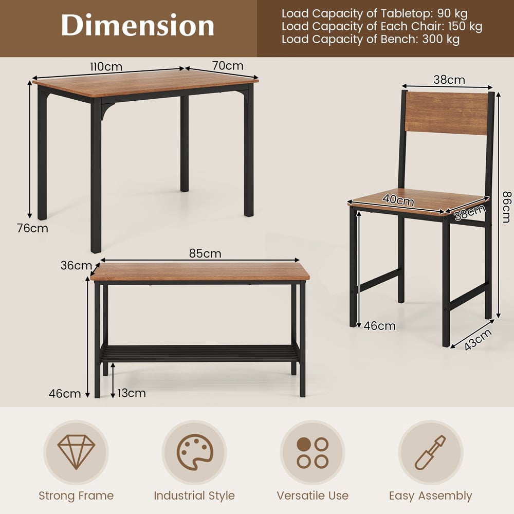 Costway 4 Seater Dining Bench Set Brown Image 9