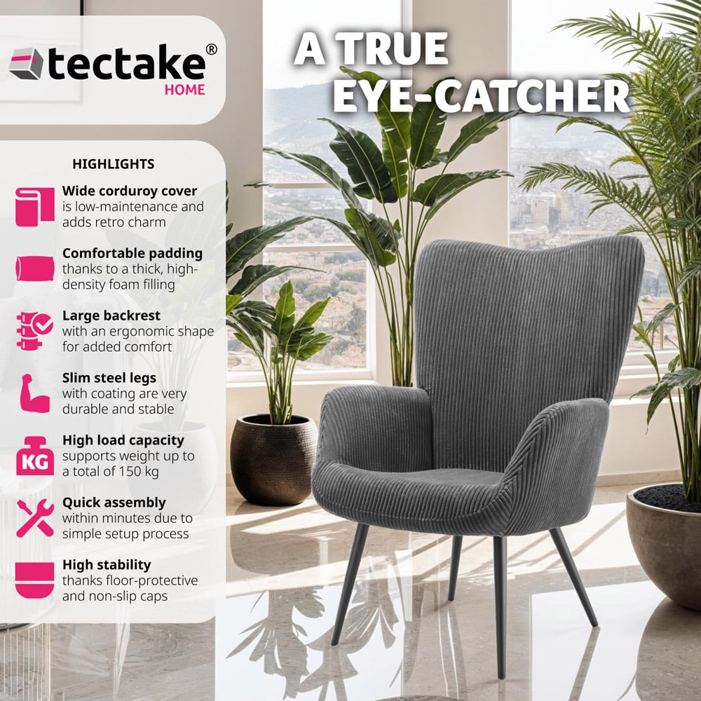 tectake Hygge Wide Corduroy Anthracite and Black Armchair Image 3