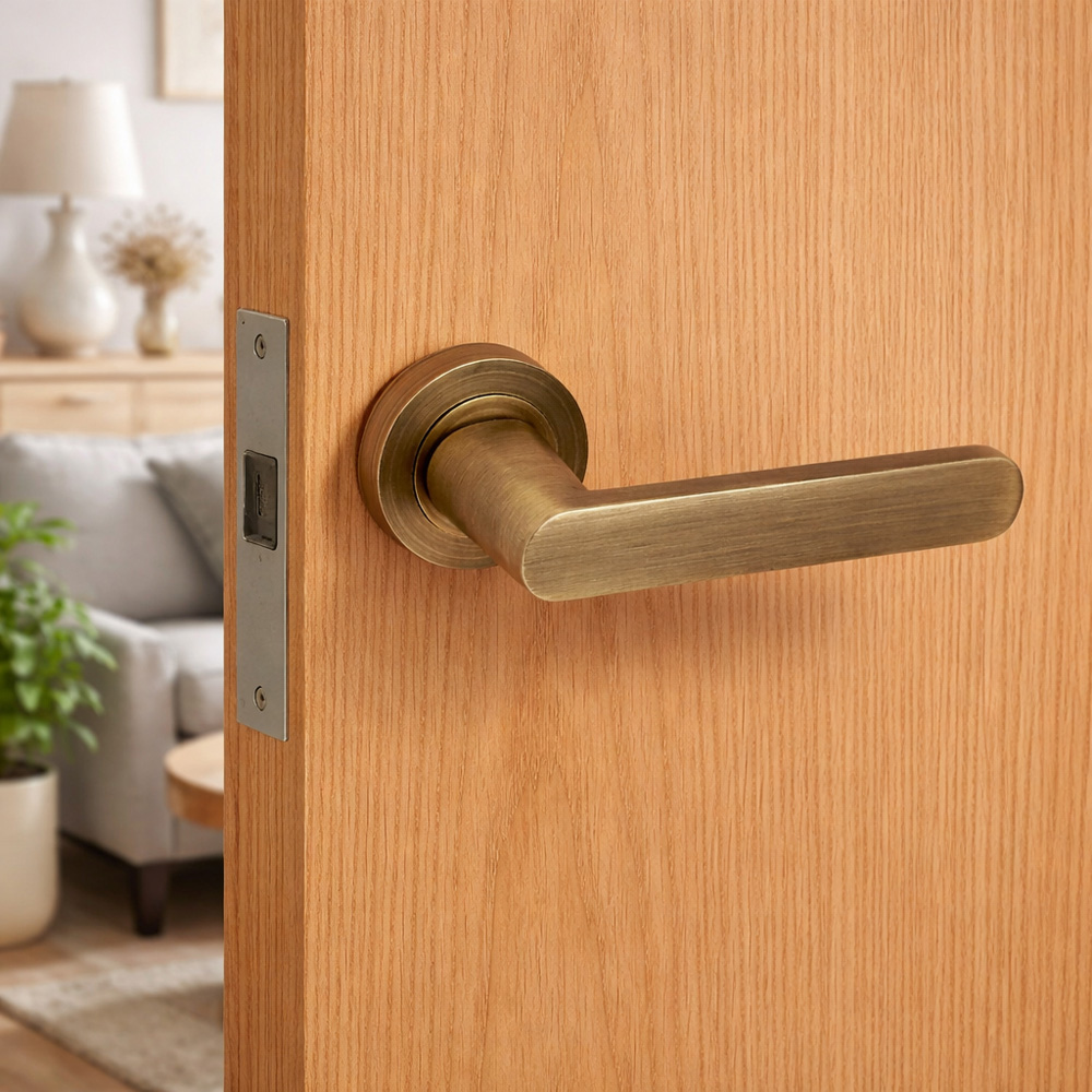 AXS Hardware Harlem Antique Brass Latch Door Handles on Rose Image 2