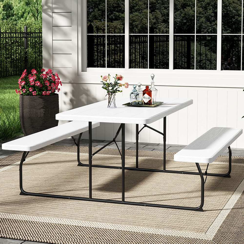 Living and Home Foldable 4 Seater White Picnic Table and Bench Set Image 1