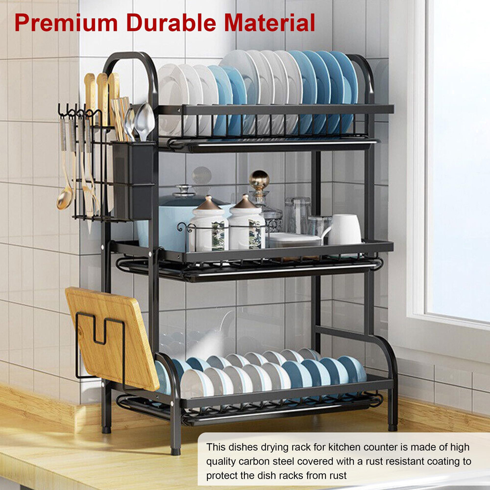 ATEK 3-Tier Black Dish Drying Rack with Drip Trays Cutlery and Chopping Board Holder Image 4