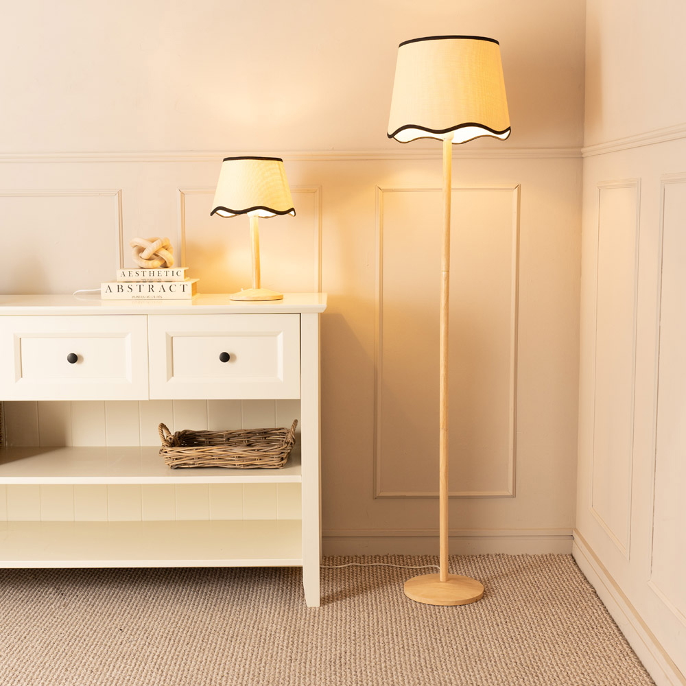ValueLights Triston Scallop Black Edge Shade Natural Light Wood Stem LED Table Lamp Image 5